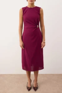 TRENDYOLMİLLA Dark Purple Plain Bodysuit hugging Accessory Detailed Midi  Weaving Dress - Image 3