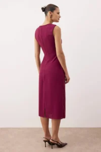 TRENDYOLMİLLA Dark Purple Plain Bodysuit hugging Accessory Detailed Midi  Weaving Dress - Image 4