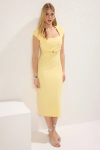 TRENDYOLMİLLA Light Yellow Arched Plain Bodysuit hugging Midi Weaving Dress - Image 4