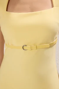 TRENDYOLMİLLA Light Yellow Arched Plain Bodysuit hugging Midi Weaving Dress - Image 5