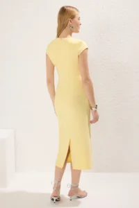 TRENDYOLMİLLA Light Yellow Arched Plain Bodysuit hugging Midi Weaving Dress - Image 6