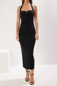 TRENDYOLMİLLA Black Halter Shirred V-neck bodycone/Fitting Flexible Maxi Knitting Dress - Image 2