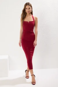 TRENDYOLMİLLA Burgundy Halter Shirred V-neck bodycone/Fitting Flexible Maxi Knitting Dress