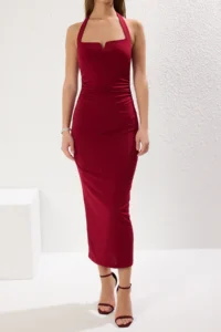 TRENDYOLMİLLA Burgundy Halter Shirred V-neck bodycone/Fitting Flexible Maxi Knitting Dress - Image 3