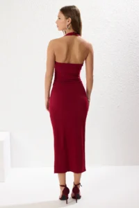 TRENDYOLMİLLA Burgundy Halter Shirred V-neck bodycone/Fitting Flexible Maxi Knitting Dress - Image 5