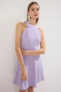 TRENDYOLMİLLA Lilac Plain Skirt Opened at Waist Binding Detailed Mini Weaving Dress - Image 2
