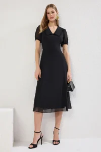 TRENDYOLMİLLA Black A Cut Collar Detailed Lined Siphon Flight Weaving Midi Dress