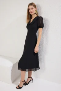 TRENDYOLMİLLA Black A Cut Collar Detailed Lined Siphon Flight Weaving Midi Dress - Image 2