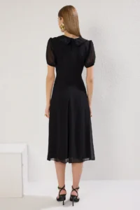 TRENDYOLMİLLA Black A Cut Collar Detailed Lined Siphon Flight Weaving Midi Dress - Image 5