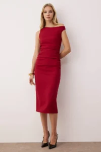 TRENDYOLMİLLA Burgundy Plain Bodysuit hugging Ruffle / Drape Midi  Weaving Dress