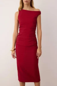 TRENDYOLMİLLA Burgundy Plain Bodysuit hugging Ruffle / Drape Midi  Weaving Dress - Image 3
