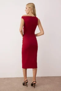 TRENDYOLMİLLA Burgundy Plain Bodysuit hugging Ruffle / Drape Midi  Weaving Dress - Image 4