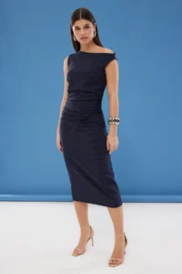 TRENDYOLMİLLA Navy Blue Striped Bodysuit hugging Midi Weaving Dress