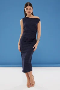 TRENDYOLMİLLA Navy Blue Striped Bodysuit hugging Midi Weaving Dress - Image 2