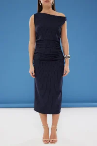 TRENDYOLMİLLA Navy Blue Striped Bodysuit hugging Midi Weaving Dress - Image 3