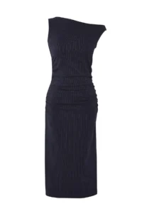 TRENDYOLMİLLA Navy Blue Striped Bodysuit hugging Midi Weaving Dress - Image 6
