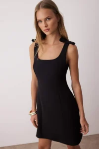 TRENDYOLMİLLA Black A Cut with bow Mini Weaving Dress - Image 2