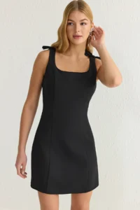 TRENDYOLMİLLA Black A Cut with bow Mini Weaving Dress - Image 6