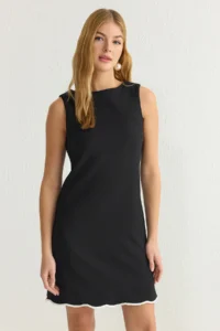 TRENDYOLMİLLA Black Plain A Cut Skirt with White Stripe Detail Mini Weaving Dress - Image 2