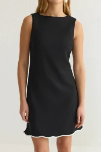TRENDYOLMİLLA Black Plain A Cut Skirt with White Stripe Detail Mini Weaving Dress - Image 4