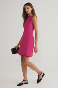TRENDYOLMİLLA Fuchsia Plain Cut Mini Weaving Dress with Piping Detail