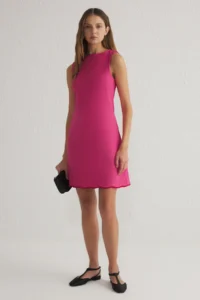 TRENDYOLMİLLA Fuchsia Plain Cut Mini Weaving Dress with Piping Detail - Image 2