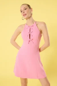 TRENDYOLMİLLA Pink Plain Skirt Opened at Waist with bow Mini Weaving Dress - Image 3
