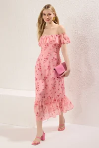 TRENDYOLMİLLA Pink Floral Skirt Opened at Waist Frilly Siphon Flight Flight Weaving Midi Dress