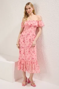 TRENDYOLMİLLA Pink Floral Skirt Opened at Waist Frilly Siphon Flight Flight Weaving Midi Dress - Image 2