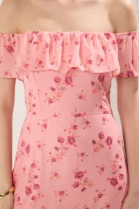 TRENDYOLMİLLA Pink Floral Skirt Opened at Waist Frilly Siphon Flight Flight Weaving Midi Dress - Image 3