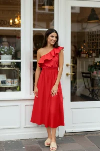 TRENDYOLMİLLA Rejection Skirt Opened at Waist Asymmetric Yaka Midi Weaving Dress