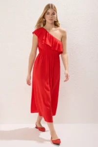 TRENDYOLMİLLA Rejection Skirt Opened at Waist Asymmetric Yaka Midi Weaving Dress - Image 2