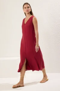 TRENDYOLMİLLA Burgundy Plain Kesim Midi Weaving Dress