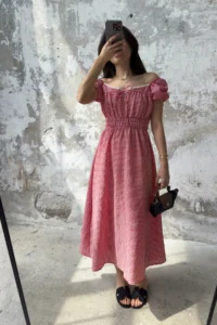 TRENDYOLMİLLA Rejection Gingham A Cut Collar Lace Detailed Midi Weaving Dress