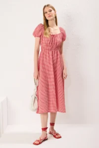 TRENDYOLMİLLA Rejection Gingham A Cut Collar Lace Detailed Midi Weaving Dress - Image 2