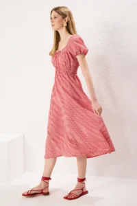 TRENDYOLMİLLA Rejection Gingham A Cut Collar Lace Detailed Midi Weaving Dress - Image 3
