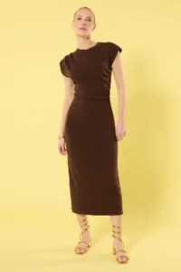 TRENDYOLMİLLA Brown Midi Dog collar Shirred Dress