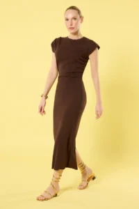 TRENDYOLMİLLA Brown Midi Dog collar Shirred Dress - Image 2