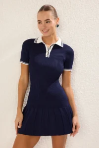TRENDYOLMİLLA Navy Blue Color Bloklu Mini Polo Shirt Collar Dress - Image 2