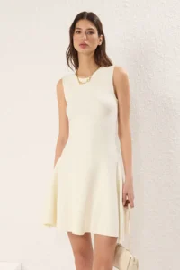 TRENDYOLMİLLA Ecru Mini Crew Neck peplum Dress