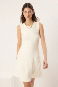 TRENDYOLMİLLA Ecru Mini Crew Neck peplum Dress - Image 3
