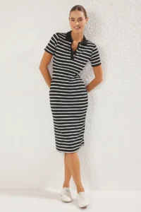 TRENDYOLMİLLA Black Striped Polo Shirt Collar Midi Flexible Knitting Dress