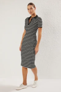 TRENDYOLMİLLA Black Striped Polo Shirt Collar Midi Flexible Knitting Dress - Image 2