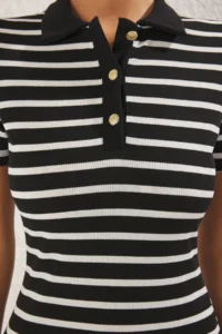 TRENDYOLMİLLA Black Striped Polo Shirt Collar Midi Flexible Knitting Dress - Image 3
