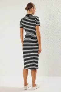 TRENDYOLMİLLA Black Striped Polo Shirt Collar Midi Flexible Knitting Dress - Image 4