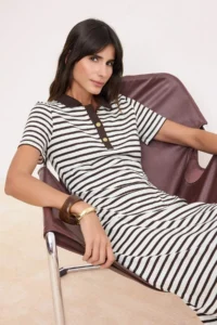 TRENDYOLMİLLA Brown Striped Polo Shirt Collar Midi Flexible Knitting Dress - Image 2