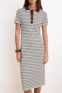 TRENDYOLMİLLA Brown Striped Polo Shirt Collar Midi Flexible Knitting Dress - Image 3