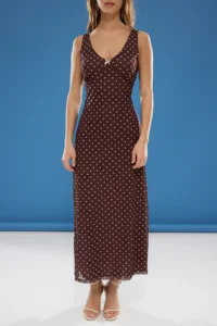TRENDYOLMİLLA Brown Fitted Polka Dot with bow Maxi Tulle Flexible Knitting Dress - Image 3