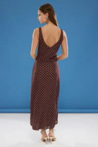 TRENDYOLMİLLA Brown Fitted Polka Dot with bow Maxi Tulle Flexible Knitting Dress - Image 5