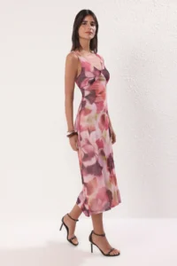 TRENDYOLMİLLA Multicolored Fitted Abstract with bow Maxi Tulle Flexible Knitting Dress
